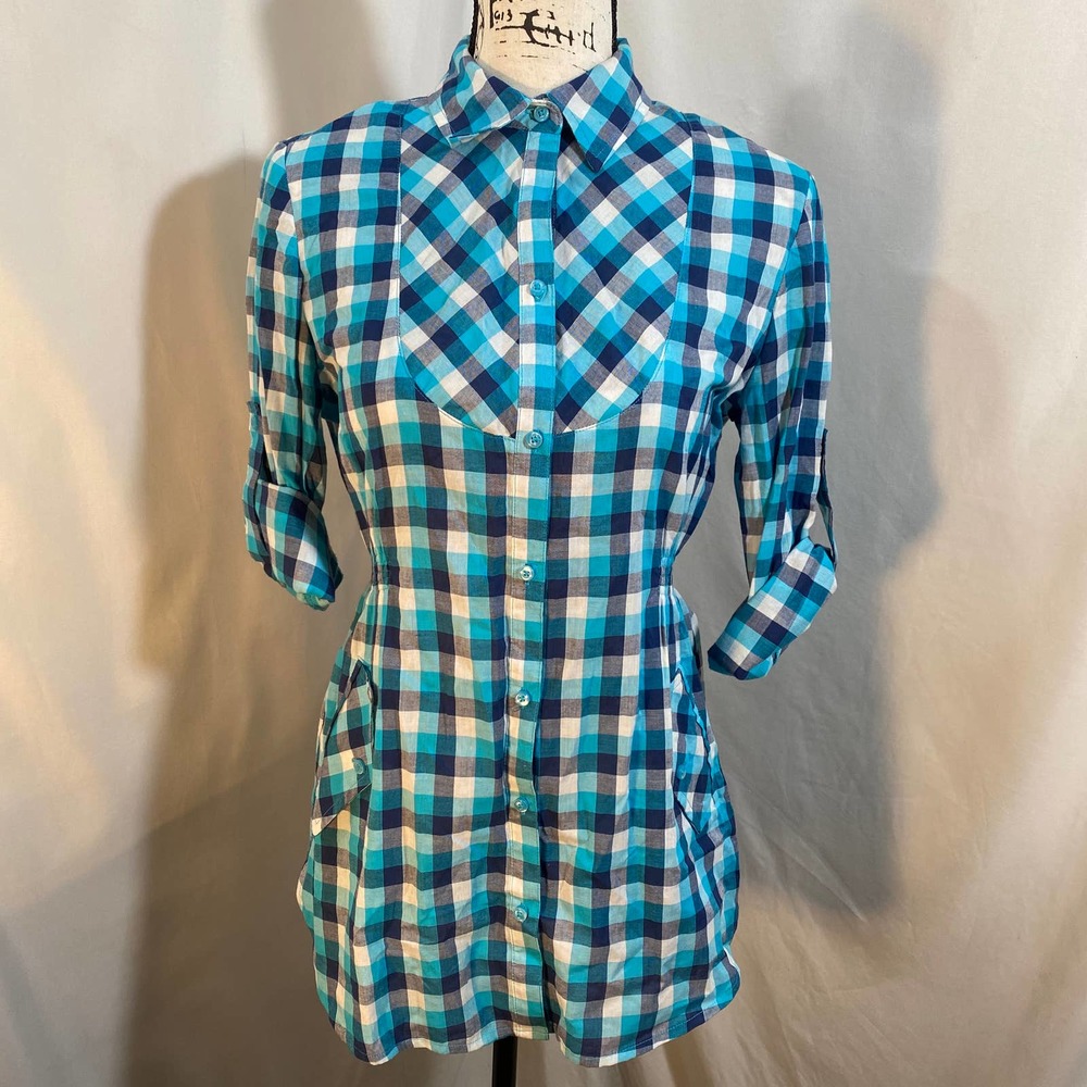 OP Crew Neck 3/4 Sleeve Plaid Button Down Sz M